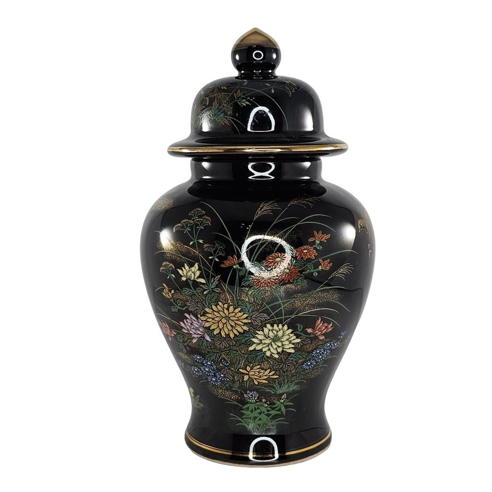 Vintage Andrea By Sadek Vase Ginger Jar Japan Flowers Birds Gold Trim Lid Black